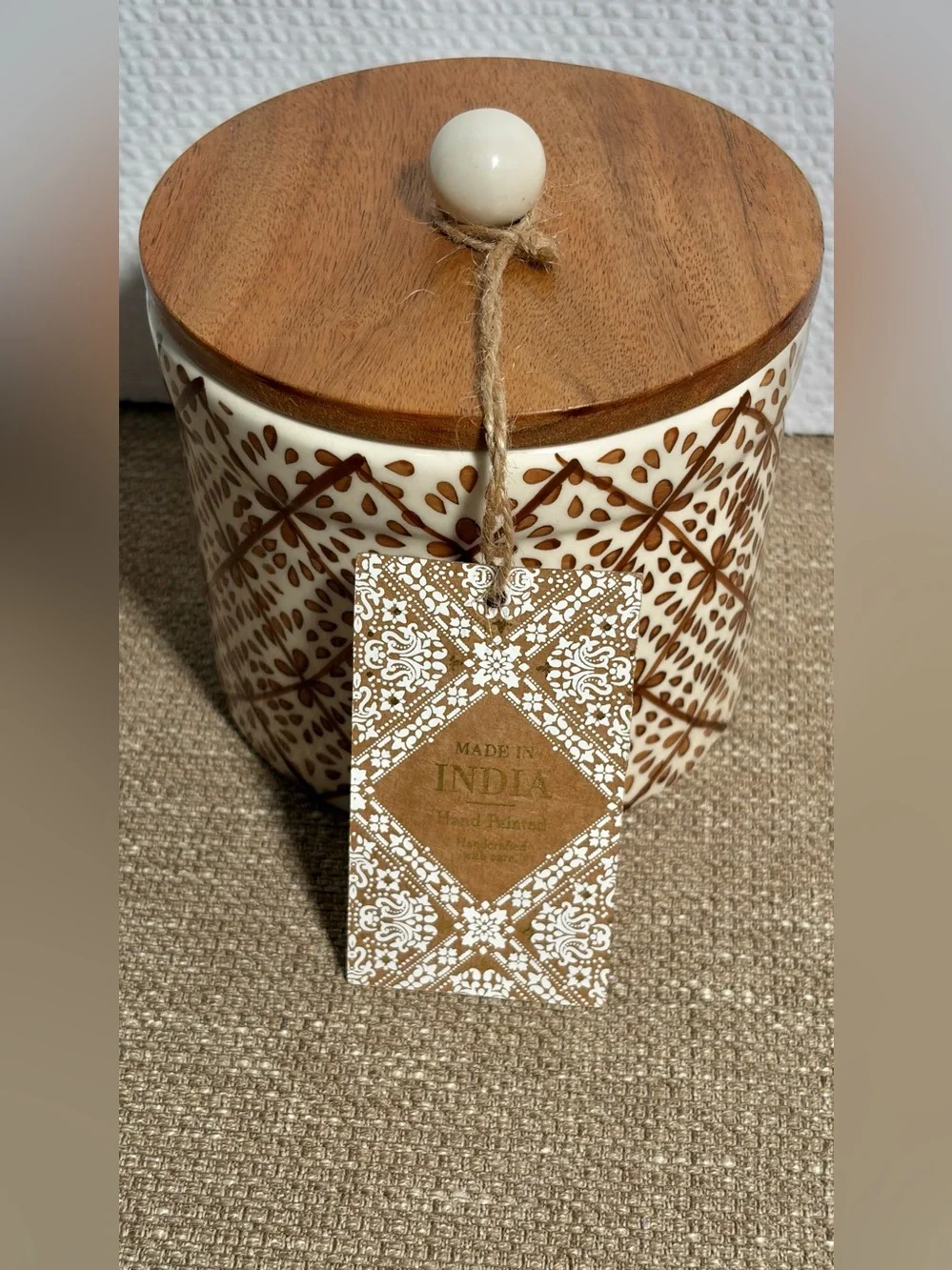 Ceramic Jar with Wood Lid - Hand-Painted Brown & Cream - Picture 3 of 8